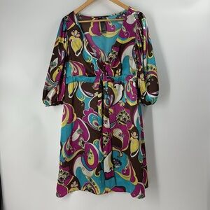 Bisou Bisou geometric retro vibrant print puff balloon sleeve empire waist dress